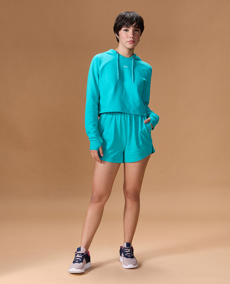 Cropped Cotton Terry Hoodie and Mid Rise Shorts Teal